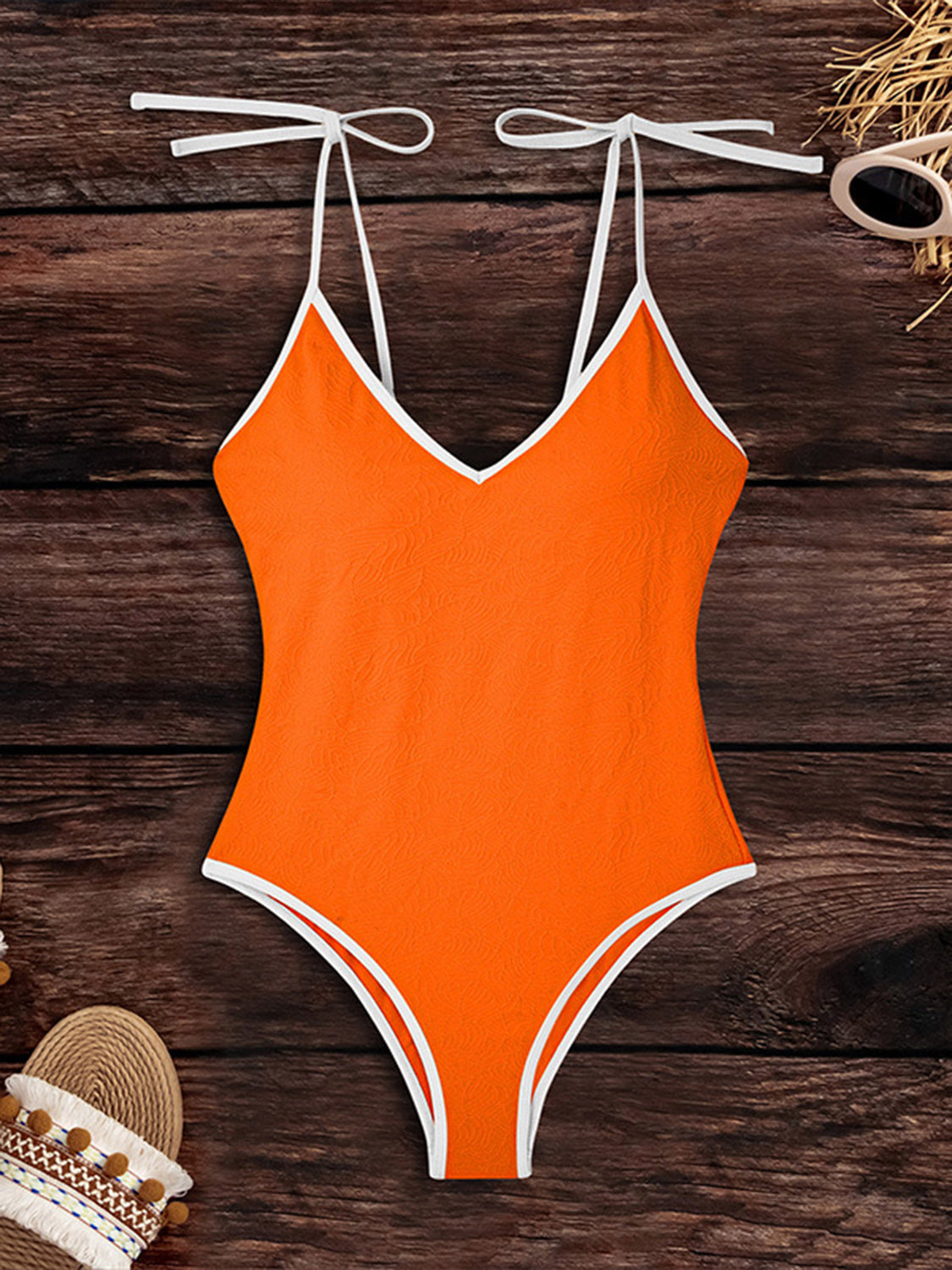 Tied V-Neck Spaghetti Strap One-Piece Swimwear