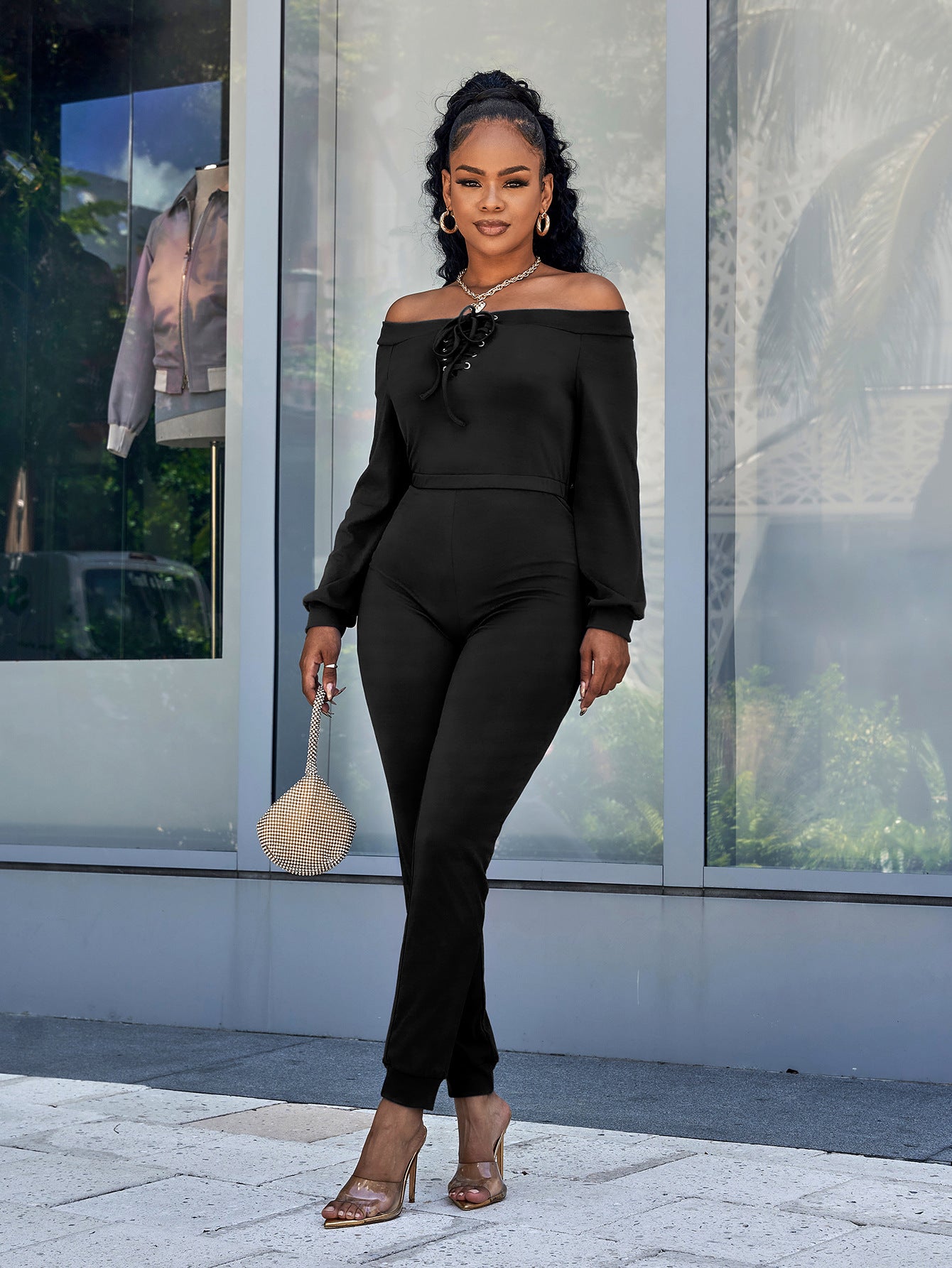 Lace-Up Off-Shoulder Long Sleeve Jumpsuit