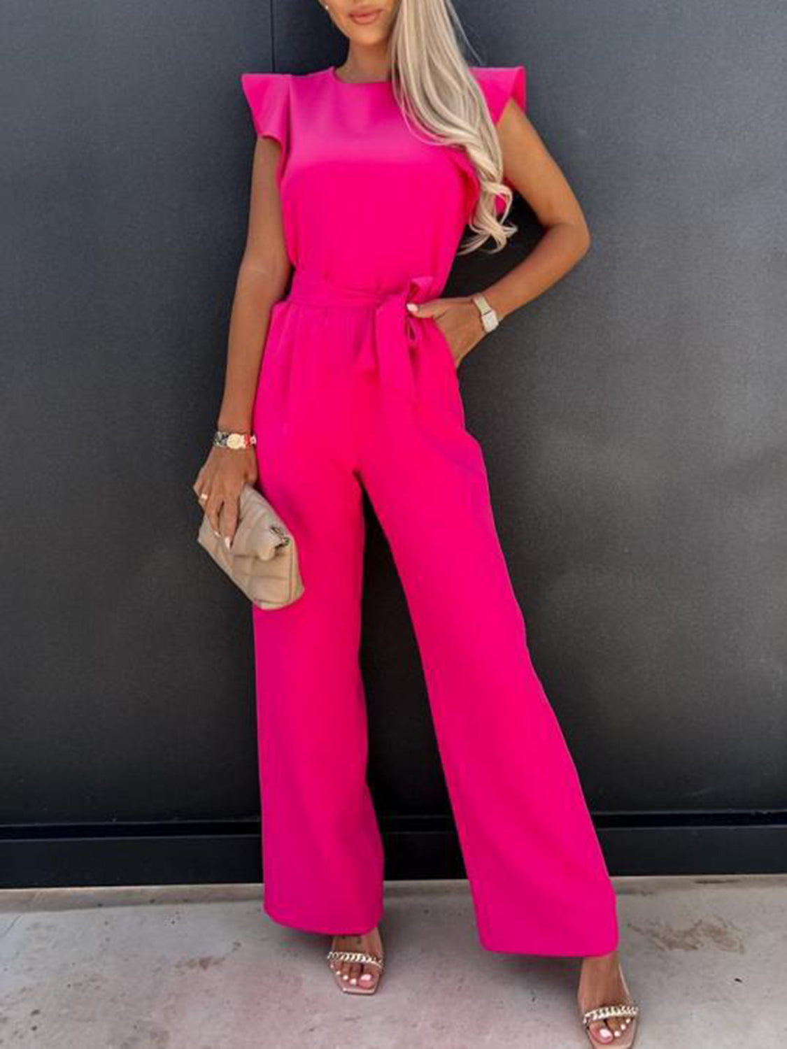 Ruffled Round Neck Cap Sleeve Jumpsuit